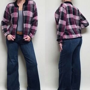 VINTAGE 90s Dressbarn Pink Plaid Wool Boucle Knit Chenille Trim Zip Up Jacket L